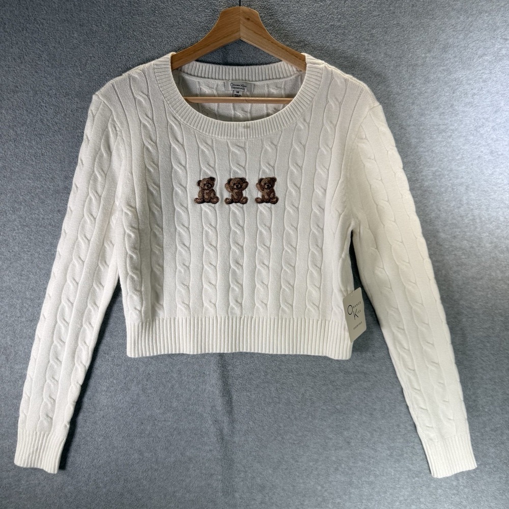 Orange Kiss Essentials Teddy Bear Cable Knit Cropped Sweater Women Medium White